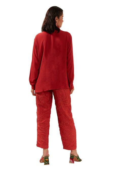 Coeur Red Double Georgette Embroidery Zen Asymmetric Waistcoat Panel Shirt With Pant Online at Aza Fashions Coeur_Red Double Georgette Embroidery Zen Asymmetric Waistcoat Panel Shirt With Pant _Online_at_Aza_Fashions