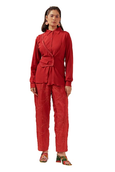 Buy Coeur Red Double Georgette Embroidery Zen Asymmetric Waistcoat Panel Shirt With Pant Online at Aza Fashions Buy_Coeur_Red Double Georgette Embroidery Zen Asymmetric Waistcoat Panel Shirt With Pant _Online_at_Aza_Fashions