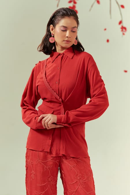 Shop Coeur Red Double Georgette Embroidery Zen Asymmetric Waistcoat Panel Shirt With Pant Online at Aza Fashions Shop_Coeur_Red Double Georgette Embroidery Zen Asymmetric Waistcoat Panel Shirt With Pant _Online_at_Aza_Fashions