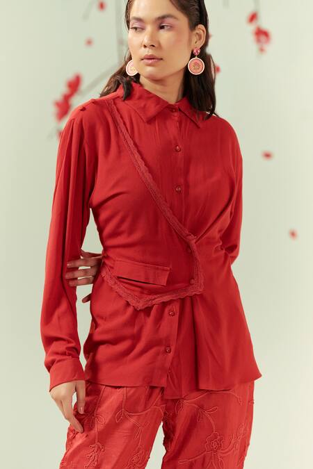 Coeur Red Double Georgette Embroidery Zen Asymmetric Waistcoat Panel Shirt With Pant at Aza Fashions Coeur_Red Double Georgette Embroidery Zen Asymmetric Waistcoat Panel Shirt With Pant _at_Aza_Fashions