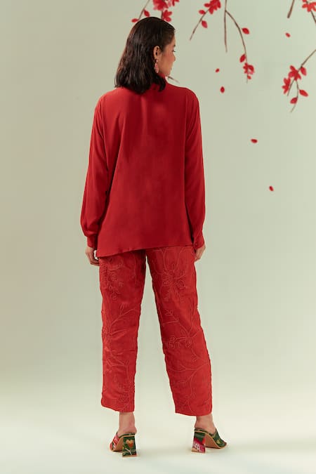 Shop Coeur Red Double Georgette Embroidery Zen Asymmetric Waistcoat Panel Shirt With Pant at Aza Fashions Shop_Coeur_Red Double Georgette Embroidery Zen Asymmetric Waistcoat Panel Shirt With Pant _at_Aza_Fashions