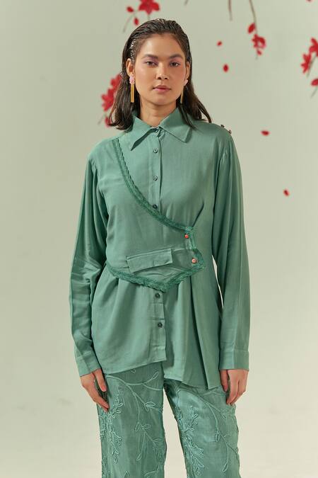 Buy Coeur Green Double Georgette Zen Asymmetric Waistcoat Panel Shirt With Pant Online at Aza Fashions Buy_Coeur_Green Double Georgette Zen Asymmetric Waistcoat Panel Shirt With Pant _Online_at_Aza_Fashions