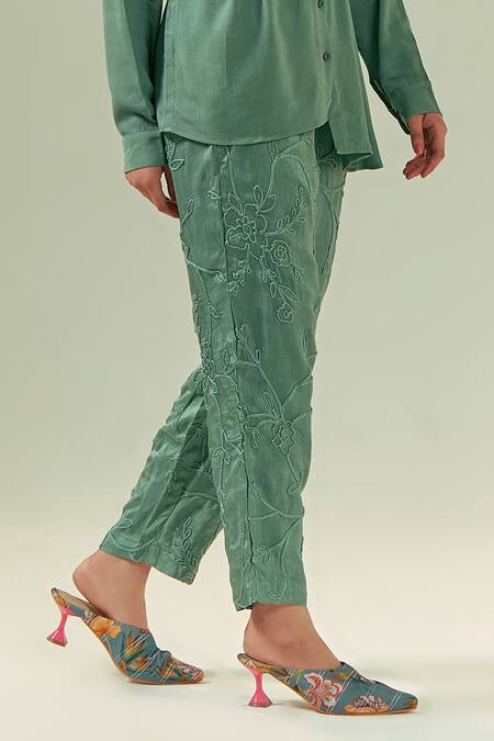 Shop Coeur Green Double Georgette Zen Asymmetric Waistcoat Panel Shirt With Pant Online at Aza Fashions Shop_Coeur_Green Double Georgette Zen Asymmetric Waistcoat Panel Shirt With Pant _Online_at_Aza_Fashions