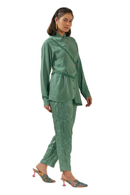 Coeur Green Double Georgette Zen Asymmetric Waistcoat Panel Shirt With Pant at Aza Fashions Coeur_Green Double Georgette Zen Asymmetric Waistcoat Panel Shirt With Pant _at_Aza_Fashions