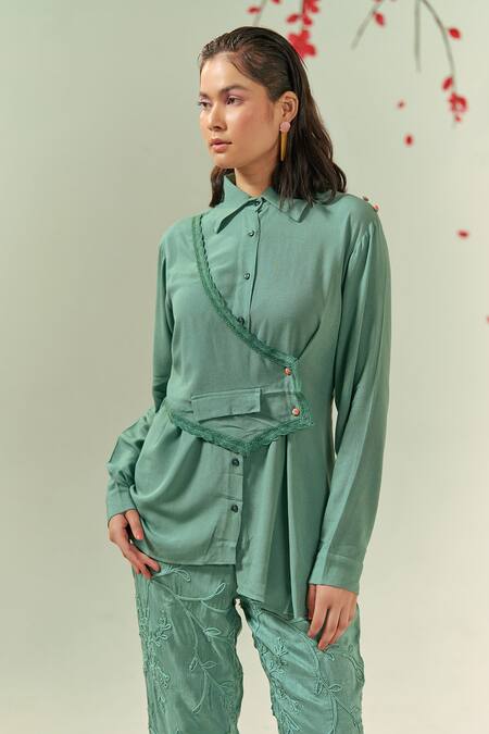 Buy Coeur Green Double Georgette Zen Asymmetric Waistcoat Panel Shirt With Pant Buy_Coeur_Green Double Georgette Zen Asymmetric Waistcoat Panel Shirt With Pant