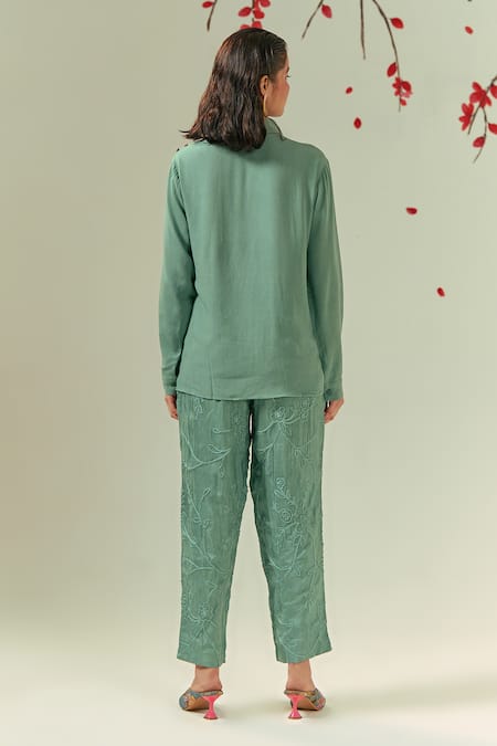 Shop Coeur Green Double Georgette Zen Asymmetric Waistcoat Panel Shirt With Pant at Aza Fashions Shop_Coeur_Green Double Georgette Zen Asymmetric Waistcoat Panel Shirt With Pant _at_Aza_Fashions