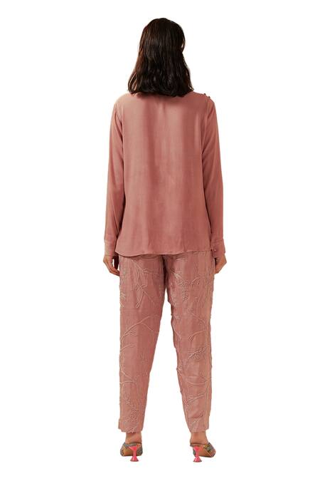 Coeur Peach Double Georgette Zen Asymmetric Waistcoat Panel Shirt With Straight Pant Online at Aza Fashions Coeur_Peach Double Georgette Zen Asymmetric Waistcoat Panel Shirt With Straight Pant _Online_at_Aza_Fashions