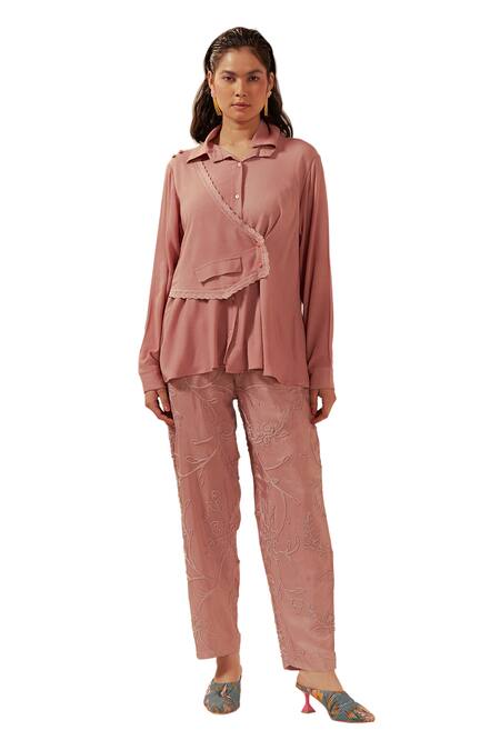 Shop Coeur Peach Double Georgette Zen Asymmetric Waistcoat Panel Shirt With Straight Pant Online at Aza Fashions Shop_Coeur_Peach Double Georgette Zen Asymmetric Waistcoat Panel Shirt With Straight Pant _Online_at_Aza_Fashions