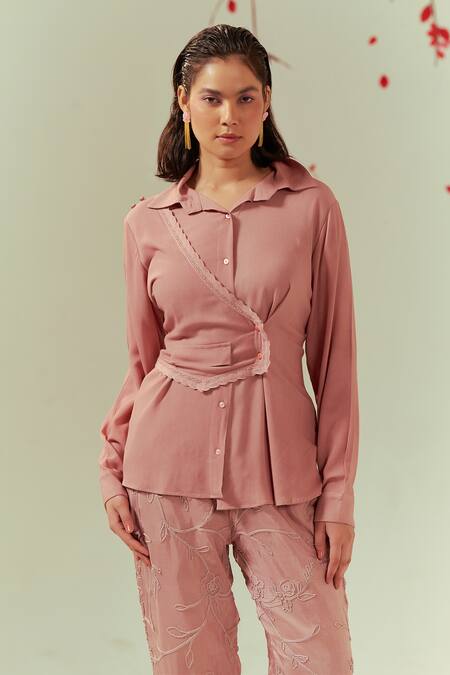 Coeur Peach Double Georgette Zen Asymmetric Waistcoat Panel Shirt With Straight Pant at Aza Fashions Coeur_Peach Double Georgette Zen Asymmetric Waistcoat Panel Shirt With Straight Pant _at_Aza_Fashions