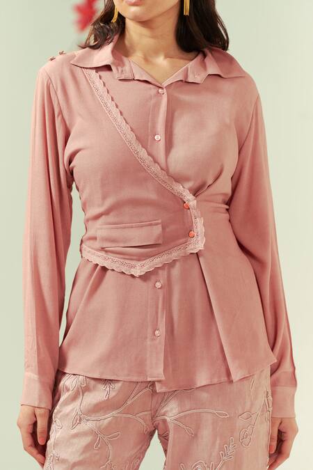 Buy Coeur Peach Double Georgette Zen Asymmetric Waistcoat Panel Shirt With Straight Pant Buy_Coeur_Peach Double Georgette Zen Asymmetric Waistcoat Panel Shirt With Straight Pant