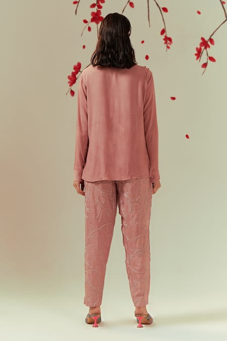 Shop Coeur Peach Double Georgette Zen Asymmetric Waistcoat Panel Shirt With Straight Pant at Aza Fashions Shop_Coeur_Peach Double Georgette Zen Asymmetric Waistcoat Panel Shirt With Straight Pant _at_Aza_Fashions