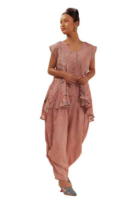 Buy Coeur Peach Bamboo, Silk, Mizu Blossom Print And Godet Tunic With Gelyu Harem Pant Online at Aza Fashions Buy_Coeur_Peach Bamboo, Silk, Mizu Blossom Print And Godet Tunic With Gelyu Harem Pant _Online_at_Aza_Fashions