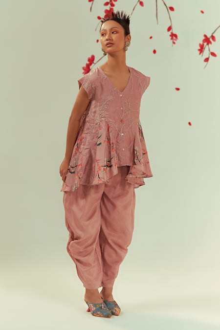 Shop Coeur Peach Bamboo, Silk, Mizu Blossom Print And Godet Tunic With Gelyu Harem Pant Online at Aza Fashions Shop_Coeur_Peach Bamboo, Silk, Mizu Blossom Print And Godet Tunic With Gelyu Harem Pant _Online_at_Aza_Fashions