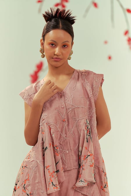 Coeur Peach Bamboo, Silk, Mizu Blossom Print And Godet Tunic With Gelyu Harem Pant at Aza Fashions Coeur_Peach Bamboo, Silk, Mizu Blossom Print And Godet Tunic With Gelyu Harem Pant _at_Aza_Fashions