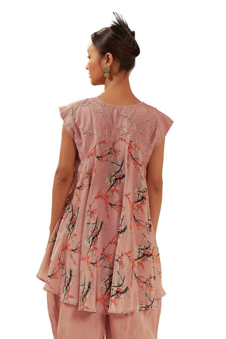 Buy Coeur Peach Bamboo, Silk, Mizu Blossom Print And Godet Tunic With Gelyu Harem Pant Buy_Coeur_Peach Bamboo, Silk, Mizu Blossom Print And Godet Tunic With Gelyu Harem Pant