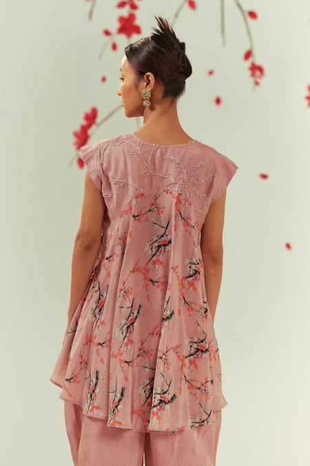 Shop Coeur Peach Bamboo, Silk, Mizu Blossom Print And Godet Tunic With Gelyu Harem Pant at Aza Fashions Shop_Coeur_Peach Bamboo, Silk, Mizu Blossom Print And Godet Tunic With Gelyu Harem Pant _at_Aza_Fashions