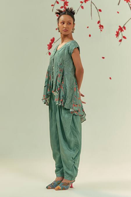 Coeur_Green Bamboo, Silk, Crepe Kaze Bloom Print And Godet Tunic With Gelyu Harem Pant _Online_at_Aza_Fashions