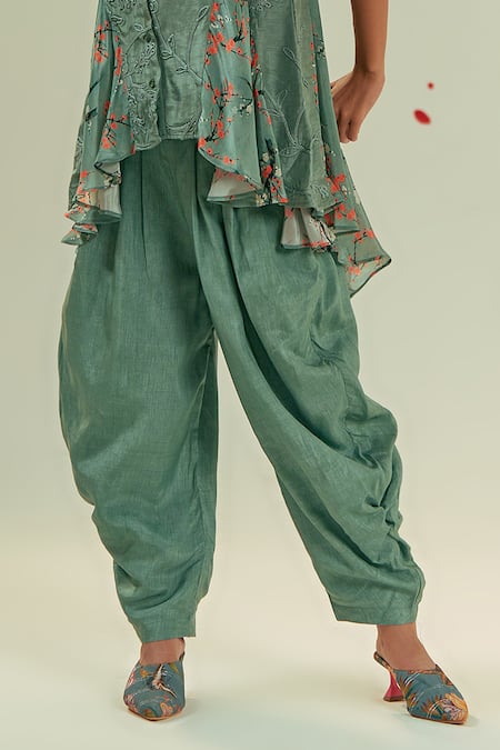 Buy_Coeur_Green Bamboo, Silk, Crepe Kaze Bloom Print And Godet Tunic With Gelyu Harem Pant _Online_at_Aza_Fashions