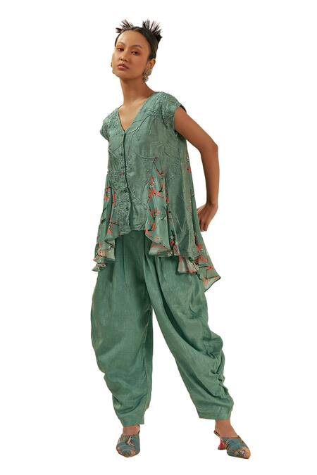 Shop_Coeur_Green Bamboo, Silk, Crepe Kaze Bloom Print And Godet Tunic With Gelyu Harem Pant _Online_at_Aza_Fashions