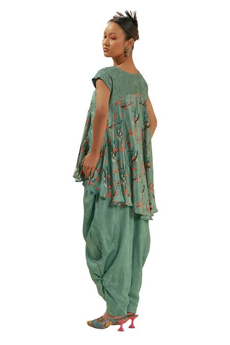 Coeur_Green Bamboo, Silk, Crepe Kaze Bloom Print And Godet Tunic With Gelyu Harem Pant _at_Aza_Fashions