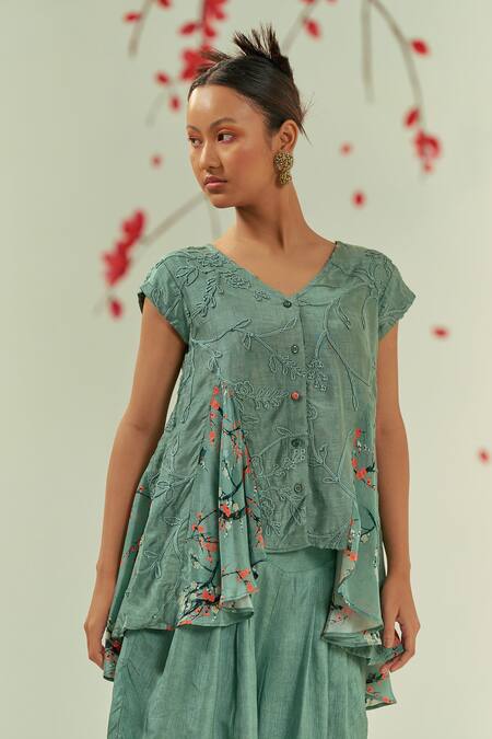 Buy_Coeur_Green Bamboo, Silk, Crepe Kaze Bloom Print And Godet Tunic With Gelyu Harem Pant 
