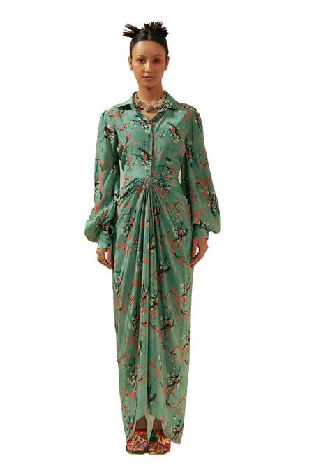 Coeur Green Crepe Collared Kaze Blossom Print Draped Maxi Shirt Dress Online at Aza Fashions Coeur_Green Crepe Collared Kaze Blossom Print Draped Maxi Shirt Dress _Online_at_Aza_Fashions