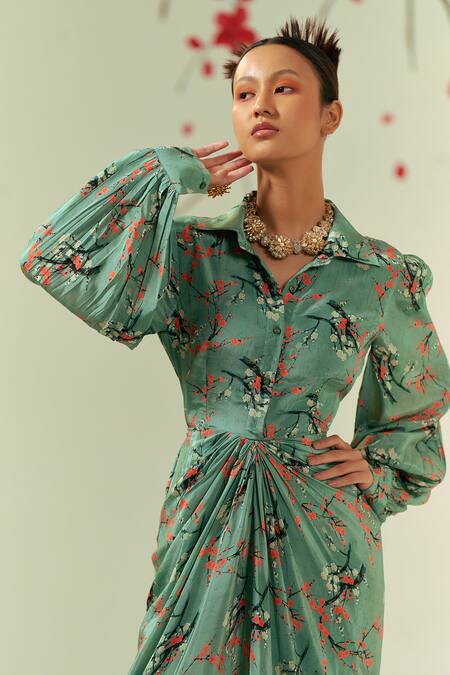 Buy Coeur Green Crepe Collared Kaze Blossom Print Draped Maxi Shirt Dress Online at Aza Fashions Buy_Coeur_Green Crepe Collared Kaze Blossom Print Draped Maxi Shirt Dress _Online_at_Aza_Fashions