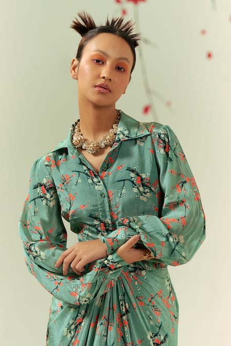 Shop Coeur Green Crepe Collared Kaze Blossom Print Draped Maxi Shirt Dress Online at Aza Fashions Shop_Coeur_Green Crepe Collared Kaze Blossom Print Draped Maxi Shirt Dress _Online_at_Aza_Fashions