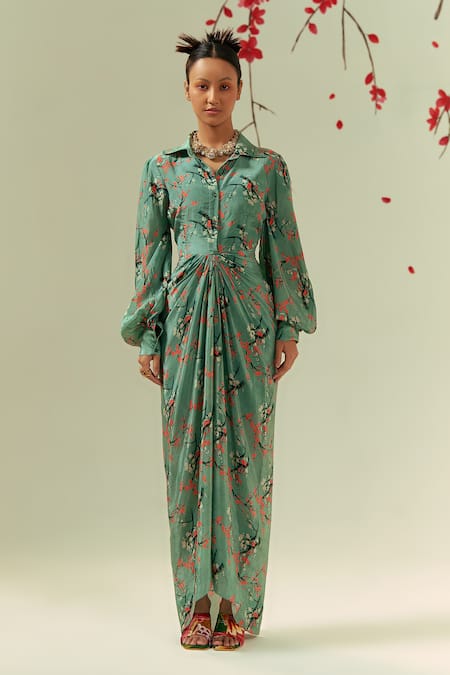Shop Coeur Green Crepe Collared Kaze Blossom Print Draped Maxi Shirt Dress at Aza Fashions Shop_Coeur_Green Crepe Collared Kaze Blossom Print Draped Maxi Shirt Dress _at_Aza_Fashions