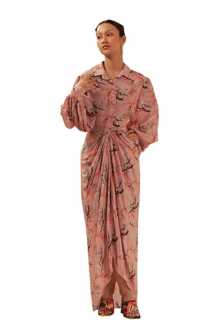 Coeur Peach Crepe Collared Mizu Bloom Print Draped Maxi Shirt Dress Online at Aza Fashions Coeur_Peach Crepe Collared Mizu Bloom Print Draped Maxi Shirt Dress _Online_at_Aza_Fashions