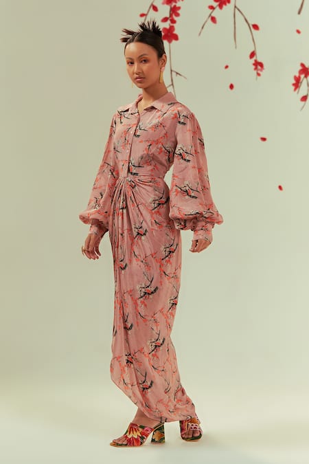 Buy Coeur Peach Crepe Collared Mizu Bloom Print Draped Maxi Shirt Dress Online at Aza Fashions Buy_Coeur_Peach Crepe Collared Mizu Bloom Print Draped Maxi Shirt Dress _Online_at_Aza_Fashions