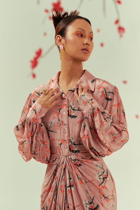 Shop Coeur Peach Crepe Collared Mizu Bloom Print Draped Maxi Shirt Dress Online at Aza Fashions Shop_Coeur_Peach Crepe Collared Mizu Bloom Print Draped Maxi Shirt Dress _Online_at_Aza_Fashions