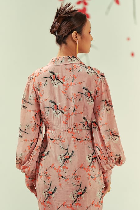 Shop Coeur Peach Crepe Collared Mizu Bloom Print Draped Maxi Shirt Dress at Aza Fashions Shop_Coeur_Peach Crepe Collared Mizu Bloom Print Draped Maxi Shirt Dress _at_Aza_Fashions