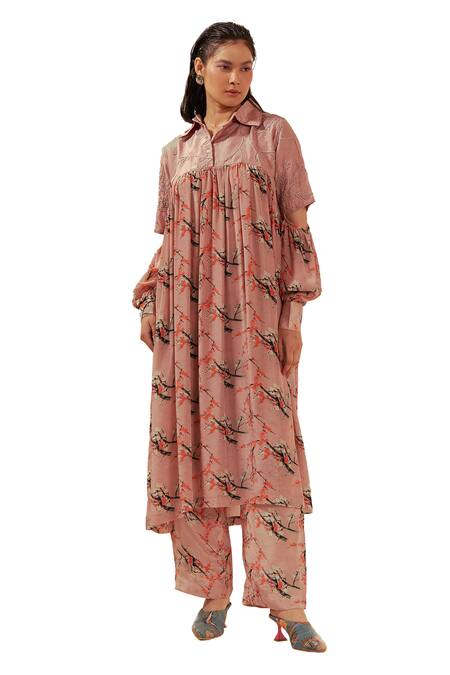 Buy Coeur Peach Crepe, Silk Embroidery Collared Mizu Fleur Print Gathered Tunic With Pant Online at Aza Fashions Buy_Coeur_Peach Crepe, Silk Embroidery Collared Mizu Fleur Print Gathered Tunic With Pant _Online_at_Aza_Fashions