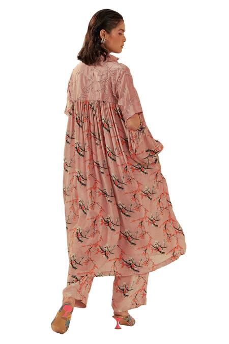 Coeur Peach Crepe, Silk Embroidery Collared Mizu Fleur Print Gathered Tunic With Pant at Aza Fashions Coeur_Peach Crepe, Silk Embroidery Collared Mizu Fleur Print Gathered Tunic With Pant _at_Aza_Fashions