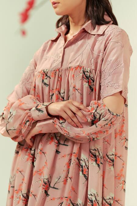 Buy Coeur Peach Crepe, Silk Embroidery Collared Mizu Fleur Print Gathered Tunic With Pant Buy_Coeur_Peach Crepe, Silk Embroidery Collared Mizu Fleur Print Gathered Tunic With Pant