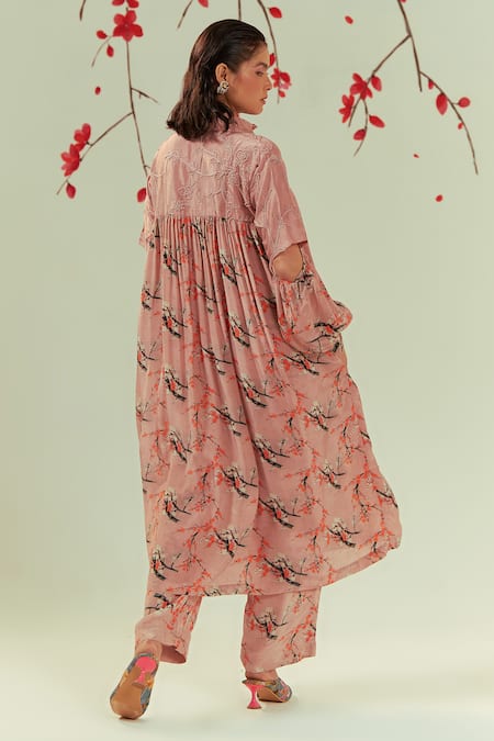 Shop Coeur Peach Crepe, Silk Embroidery Collared Mizu Fleur Print Gathered Tunic With Pant at Aza Fashions Shop_Coeur_Peach Crepe, Silk Embroidery Collared Mizu Fleur Print Gathered Tunic With Pant _at_Aza_Fashions