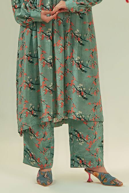 Coeur Green Crepe, Silk Embroidery Collared Kaze Floral Print Gathered Tunic With Pant Online at Aza Fashions Coeur_Green Crepe, Silk Embroidery Collared Kaze Floral Print Gathered Tunic With Pant _Online_at_Aza_Fashions