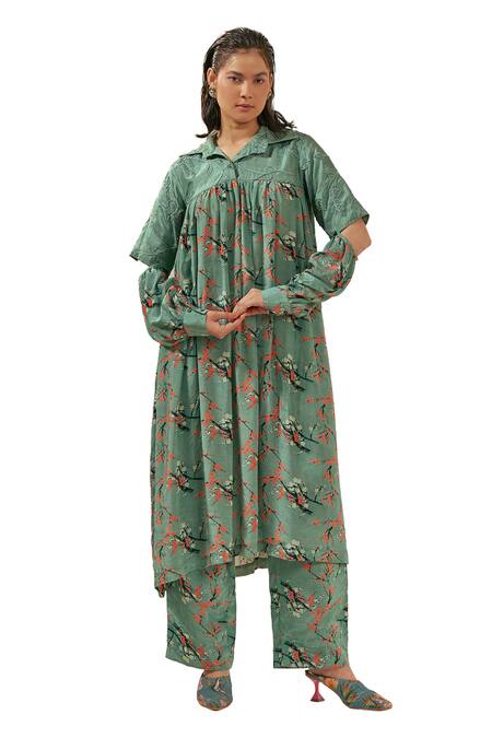 Buy Coeur Green Crepe, Silk Embroidery Collared Kaze Floral Print Gathered Tunic With Pant Online at Aza Fashions Buy_Coeur_Green Crepe, Silk Embroidery Collared Kaze Floral Print Gathered Tunic With Pant _Online_at_Aza_Fashions