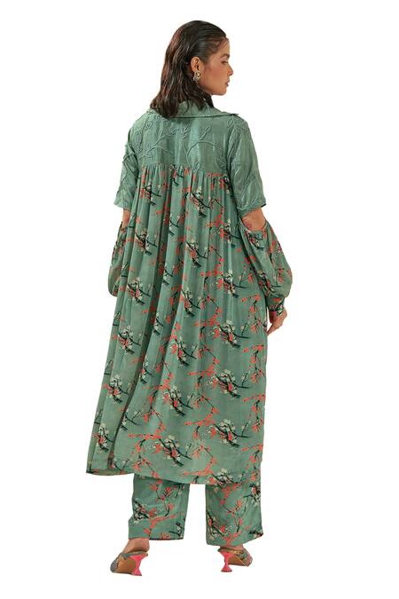 Coeur Green Crepe, Silk Embroidery Collared Kaze Floral Print Gathered Tunic With Pant at Aza Fashions Coeur_Green Crepe, Silk Embroidery Collared Kaze Floral Print Gathered Tunic With Pant _at_Aza_Fashions
