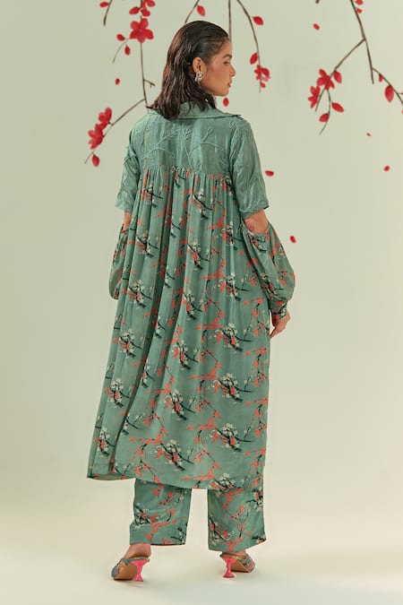 Shop Coeur Green Crepe, Silk Embroidery Collared Kaze Floral Print Gathered Tunic With Pant at Aza Fashions Shop_Coeur_Green Crepe, Silk Embroidery Collared Kaze Floral Print Gathered Tunic With Pant _at_Aza_Fashions