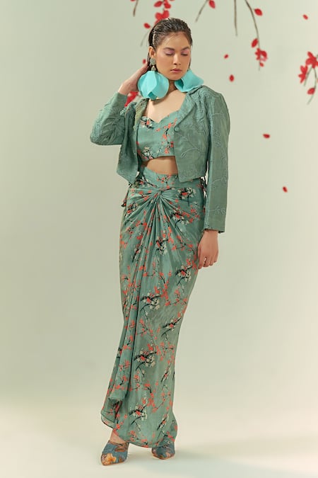 Coeur Green Natural Crepe Kaze Bloom Crop Blazer Draped Skirt Set