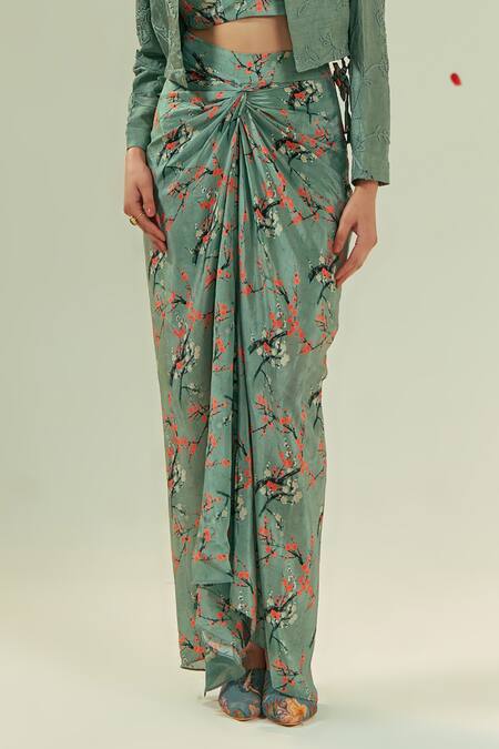 Buy Coeur Green Natural Crepe Kaze Bloom Crop Blazer Draped Skirt Set Online at Aza Fashions Buy_Coeur_Green Natural Crepe Kaze Bloom Crop Blazer Draped Skirt Set _Online_at_Aza_Fashions