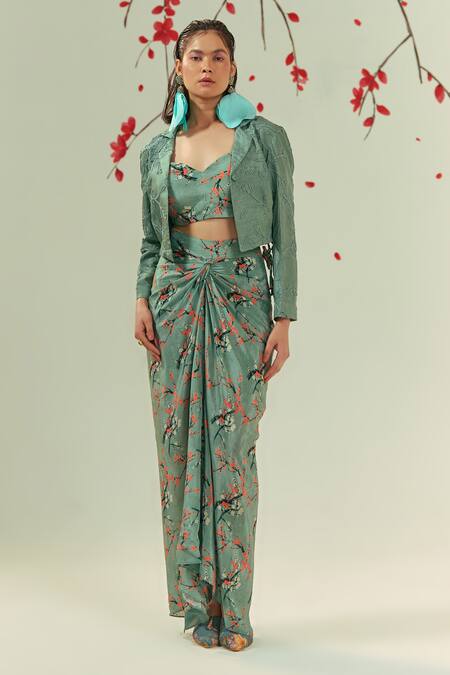 Shop Coeur Green Natural Crepe Kaze Bloom Crop Blazer Draped Skirt Set Online at Aza Fashions Shop_Coeur_Green Natural Crepe Kaze Bloom Crop Blazer Draped Skirt Set _Online_at_Aza_Fashions