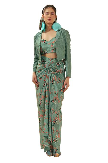 Coeur Green Natural Crepe Kaze Bloom Crop Blazer Draped Skirt Set at Aza Fashions Coeur_Green Natural Crepe Kaze Bloom Crop Blazer Draped Skirt Set _at_Aza_Fashions