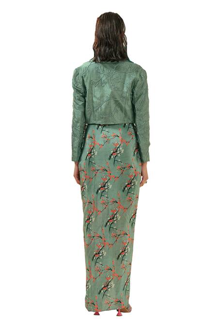 Buy Coeur Green Natural Crepe Kaze Bloom Crop Blazer Draped Skirt Set Buy_Coeur_Green Natural Crepe Kaze Bloom Crop Blazer Draped Skirt Set