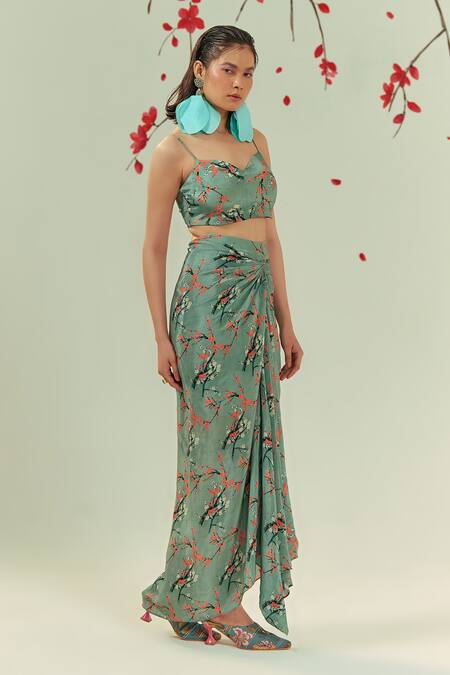 Shop Coeur Green Natural Crepe Kaze Bloom Crop Blazer Draped Skirt Set Shop_Coeur_Green Natural Crepe Kaze Bloom Crop Blazer Draped Skirt Set