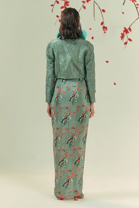 Shop Coeur Green Natural Crepe Kaze Bloom Crop Blazer Draped Skirt Set at Aza Fashions Shop_Coeur_Green Natural Crepe Kaze Bloom Crop Blazer Draped Skirt Set _at_Aza_Fashions