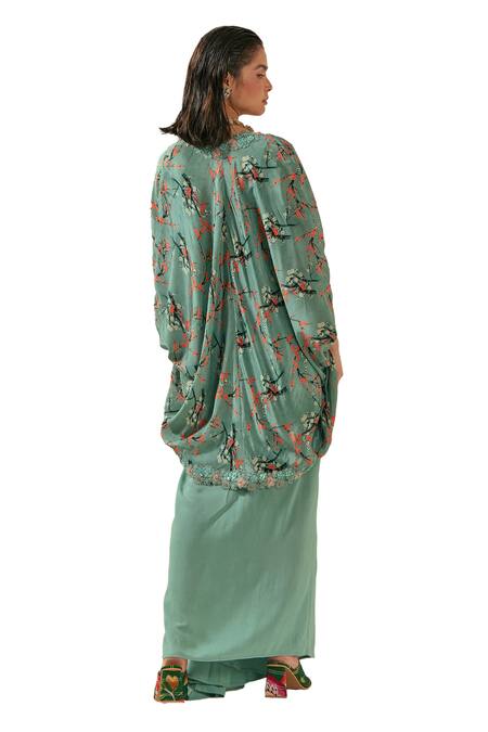Coeur Green Natural Crepe Print Florence V Kaze Shrug Draped Skirt Set Online at Aza Fashions Coeur_Green Natural Crepe Print Florence V Kaze Shrug Draped Skirt Set _Online_at_Aza_Fashions