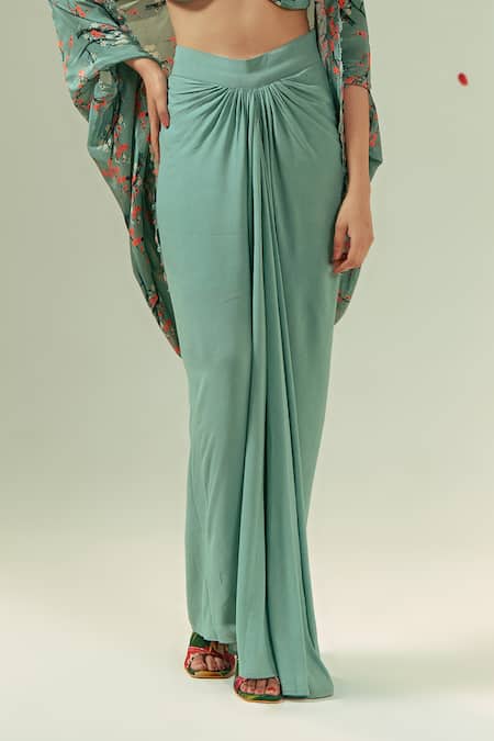 Shop Coeur Green Natural Crepe Print Florence V Kaze Shrug Draped Skirt Set Online at Aza Fashions Shop_Coeur_Green Natural Crepe Print Florence V Kaze Shrug Draped Skirt Set _Online_at_Aza_Fashions